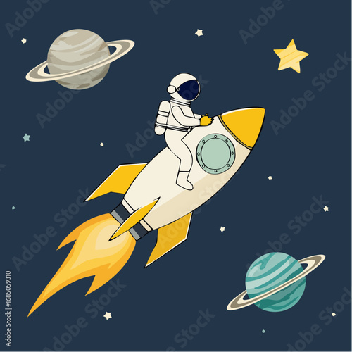 A cheerful astronaut flying through space on a powerful rocket, journeying past stylized planets and twinkling stars in a whimsical cosmic exploration