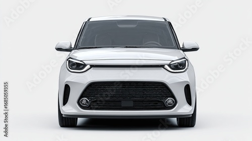 White boxy car facing forward, head on with round fog lights and dark grille