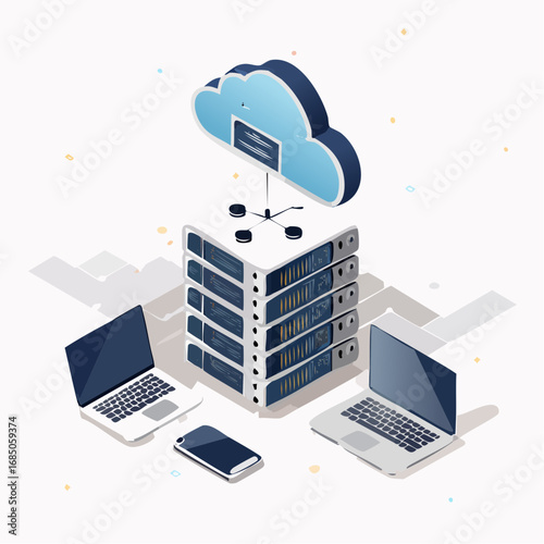 Isometric illustration of cloud computing technology with data center servers, laptops, and mobile devices connected to a network