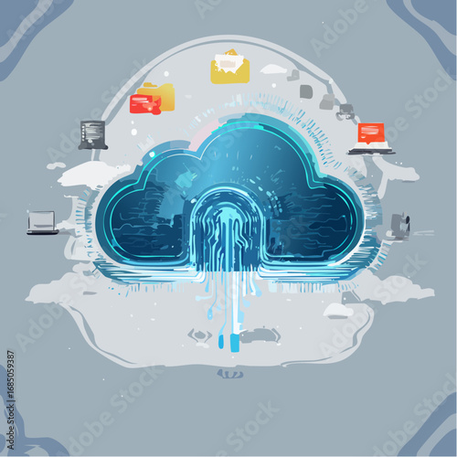 Digital data storage and sharing via a cloud network, representing information transfer and connectivity in modern technology and communication systems