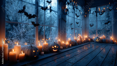 Halloween background of a foggy window with paper cutout bats and spiderwebs. - Spooky atmosphere.