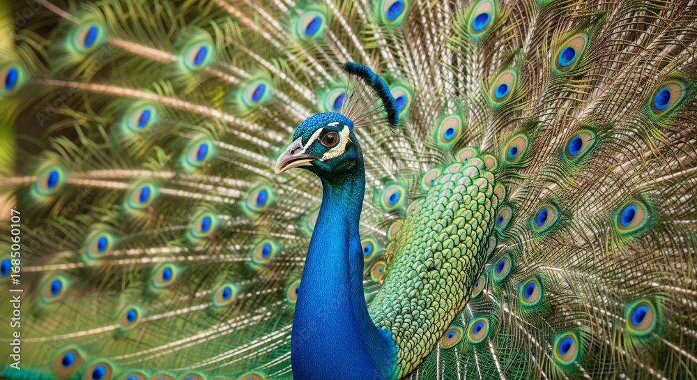 Obraz premium Majestic blue peacock displaying its beautiful vibrant tail feathers