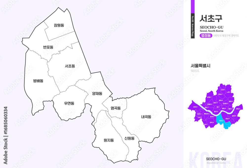 Fototapeta premium 서울특별시 서초구 법정동 윤곽선 지도