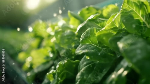 Closeup of Vibrant Green Lettuce Plants Being Watered in Sunlight