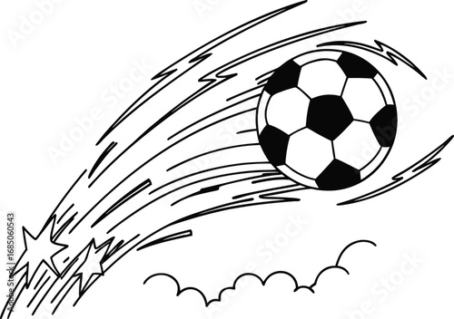 Black and white line art soccer ball shooting star with clouds on white background football sport style vector illustration EPS file download	