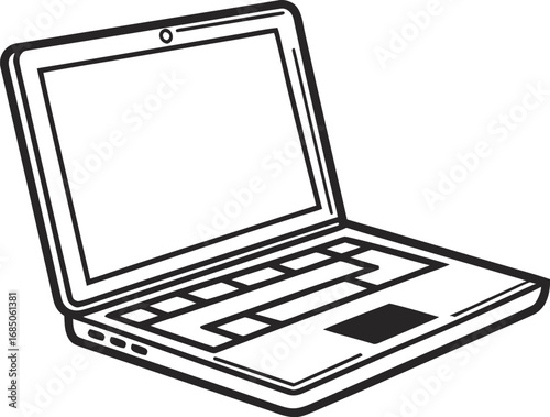Black and white line drawing of an open laptop computer with a blank screen and keyboard on a white background style vector illustration EPS file download	