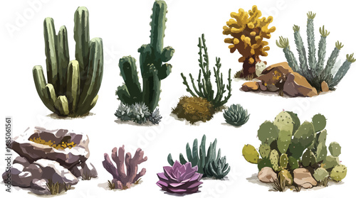 Collection of various artificial desert cacti and succulent plants with rocks on white background