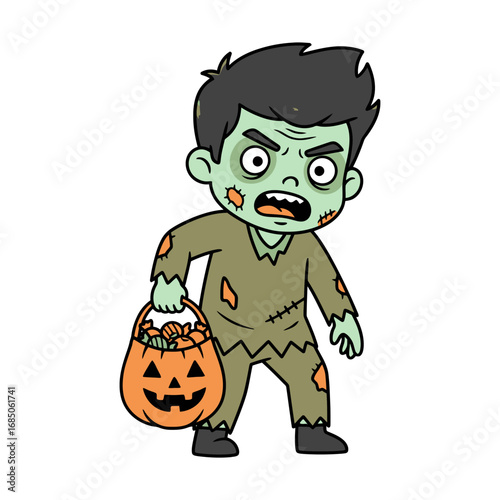Cartoon zombie child in tattered clothes holding a jack-o'-lantern candy bag, looking angry.