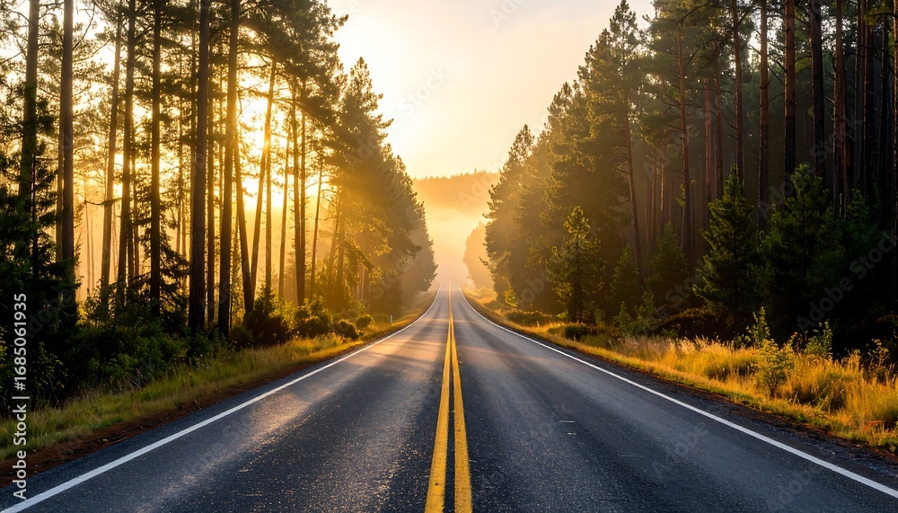 Fototapeta premium A paved road stretching into a sunlit forest at sunrise