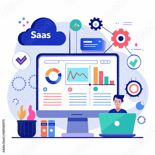 Saas cloud technology and data analytics dashboard illustration