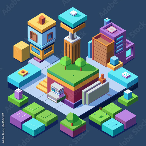Isometric colorful abstract city buildings and landscape elements