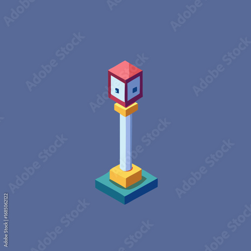 Isometric cartoon street lamp with red top and blue accents