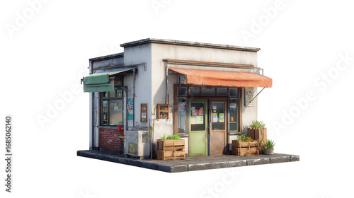 Quaint corner store with aged details, beautifully rendered on transparent background