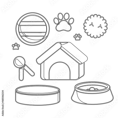 Collection of doghouse and pet accessories outline icons