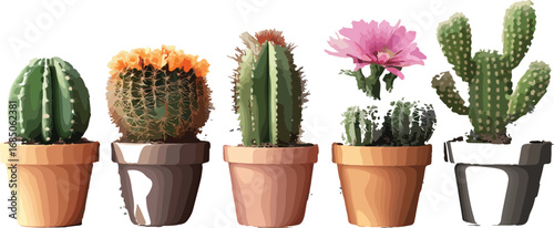 Five potted cacti of varying shapes and sizes arranged in a row against a white background