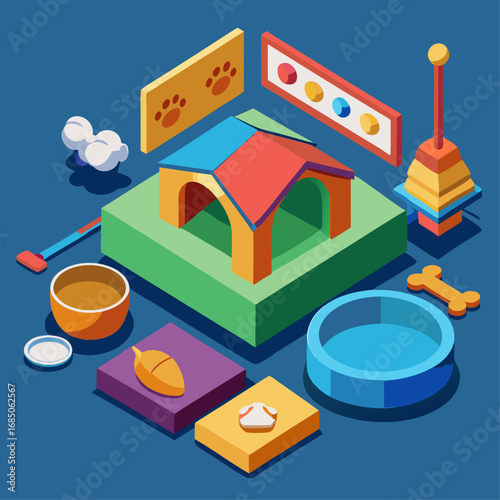 Vibrant isometric doghouse and pet accessories collection