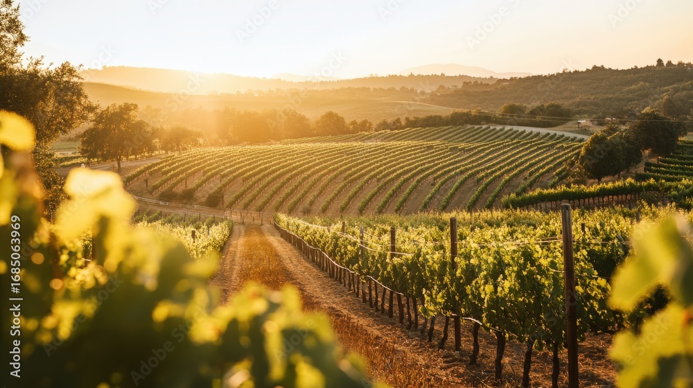 Fototapeta premium Vineyard landscape at golden hour.