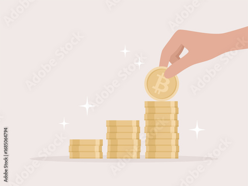 Hand placing bitcoin on a pile of coins. Flat vector illustration
