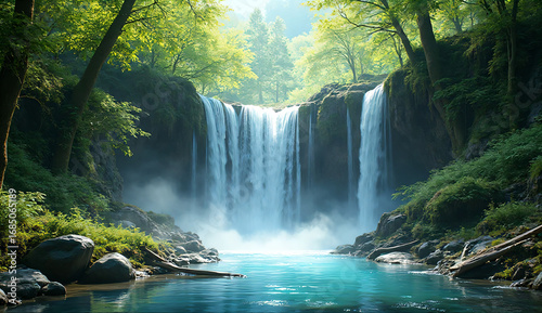 Crystal waterfall in green spring forest