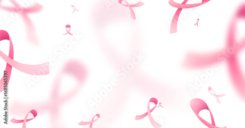 Breast cancer awareness month vector banner background. Blur and focus pink ribbons on light backdrop