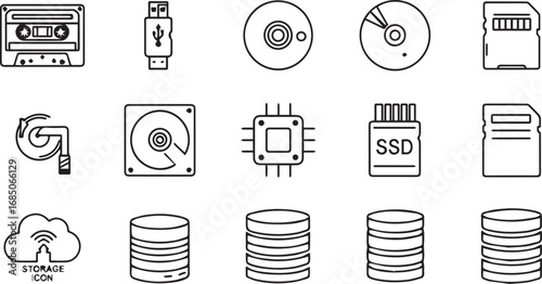 Assorted Digital Storage Media Icons | Collection of Data Storage Devices and Computer Memory in Outline Style for Web Design, Infographics, UI/UX and Technical Illustrations