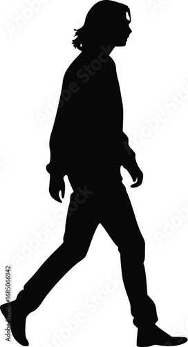 A side-view silhouette of a person with long hair walking to the left. 