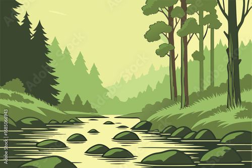Tranquil river flows through a dense green forest of evergreen and deciduous trees
