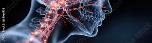 Trigeminal neuralgia facial pain and spasms concept. Anatomical illustration of the human nervous system in profile.