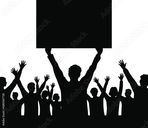 Silhouette of a crowd of people holding a blank sign at a protest