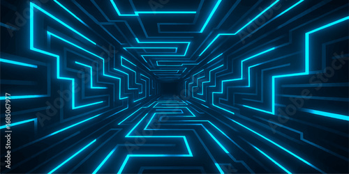 Abstract blue technology background with geometric lines and maze pattern design