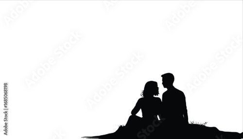 A silhouetted couple sits together, their heads close as they look at each other. The background is a stark, bright white, highlighting their intimate moment in a timeless, high-contrast style.