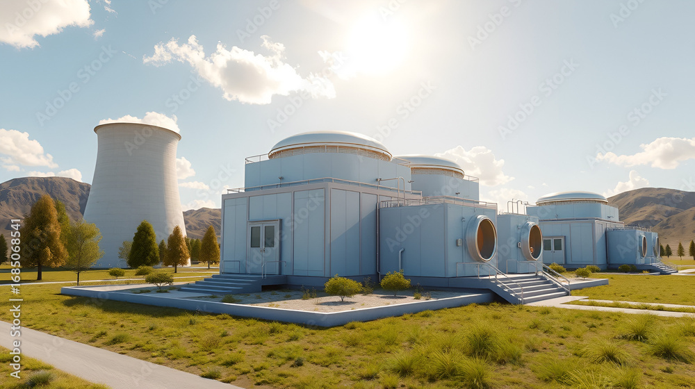 Fototapeta premium concept of a SMR small modular nuclear reactor power plant on a sunny day. SMR is a future energy concept. 3d rendering.