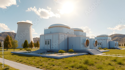 concept of a SMR small modular nuclear reactor power plant on a sunny day. SMR is a future energy concept. 3d rendering.