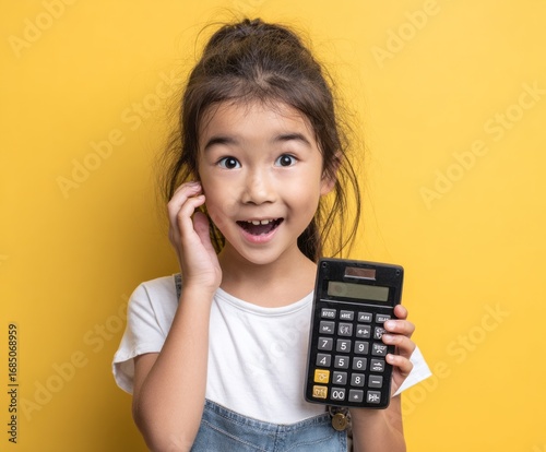 A young girl with an expressive face holds a calculator against a bright yellow background, radiating excitement and curiosity.