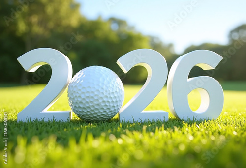 numbers 2026 with golf ball standing on field, concept of sports, brands and tournament promotions, leisure. 