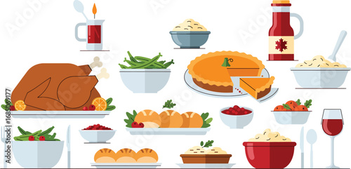 Traditional Thanksgiving Dinner Spread Featuring Roasted Turkey, Pies, Mashed Potatoes, and Cranberry Sauce