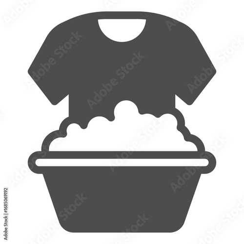 Basin with foam and tshirt solid icon, manual washing concept. Vector graphics. Soap foam bowl with shirt, laundry sign on white background, glyph style icon for mobile or web design.