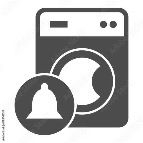 Washing machine and bell badge solid icon, washing concept. Vector graphics. Wash scheduling, notification sign on white background, glyph style icon for mobile or web design.