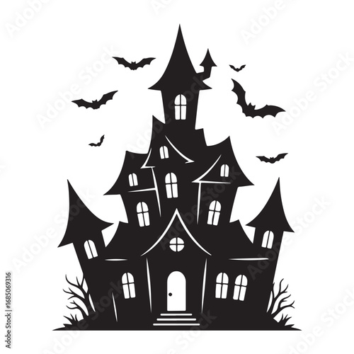 Wallpaper Mural Haunted House Silhouette with Flying Bats Vector Illustration, Halloween Silhouette Torontodigital.ca