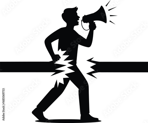 Silhouette of a man shouting through a broken barrier with a megaphone