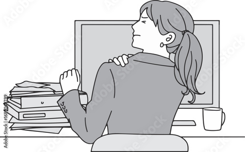 Woman Relaxing at Desk – Office Break, Stress Relief, Stretch, Business Lifestyle, Healthy Workplace Habits, Illustration