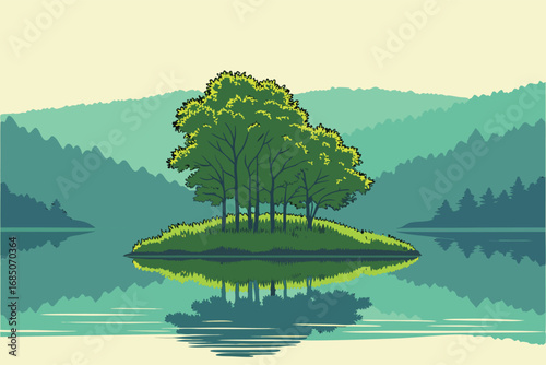 Verdant tree island casts its reflection upon calm waters beneath mountainous silhouettes in a clean style