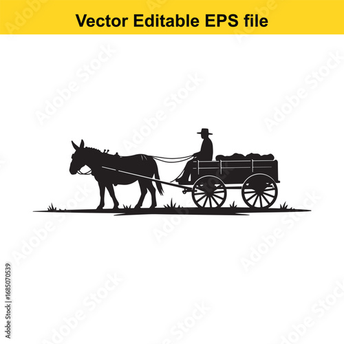 Silhouette of a farmer driving a horsedrawn cart with harvested crops