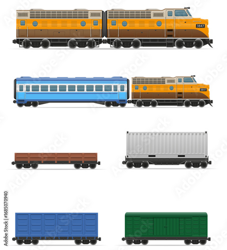 locomotive passenger and freight cars for transportation by rail cartoon stock vector illustration isolated on white background