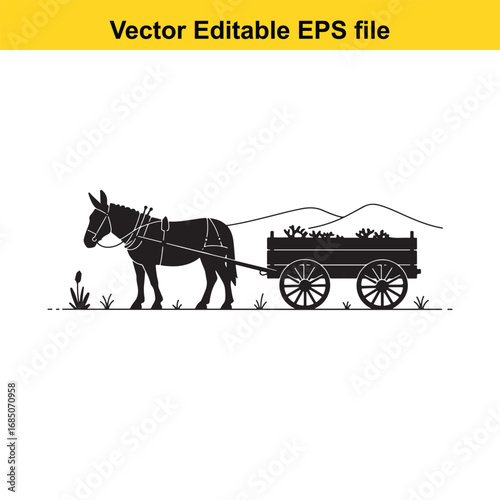 Donkey pulling a cart filled with crops isolated on white background