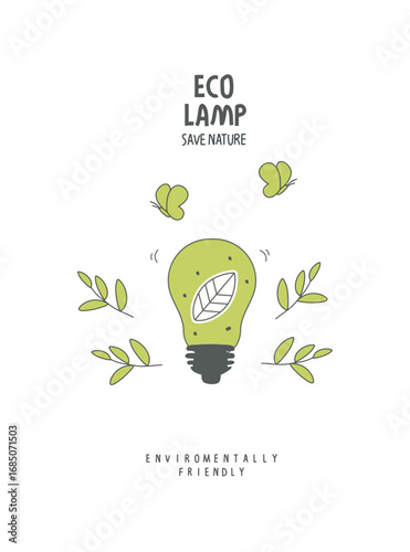 Environmentally friendly planet concept illustration. Vector hand drawn cartoon sketch of energy saving lamp. Natural resource conservationenergy. Eco lamp, alternative energy sources, recycle sign