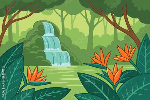 Tranquil waterfall cascades amidst lush vegetation and tropical flowers creating a serene scene