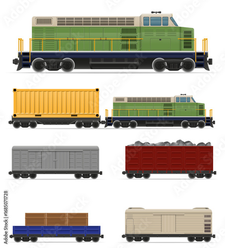locomotive passenger and freight cars for transportation by rail cartoon stock vector illustration isolated on white background