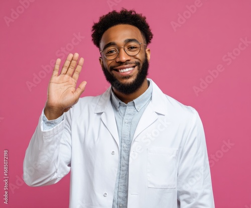 A friendly, smiling person in a white coat, waving hello against a vibrant pink backdrop.
