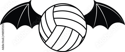 A volleyball with bat wings in black and white vector illustration sports themed graphic design element